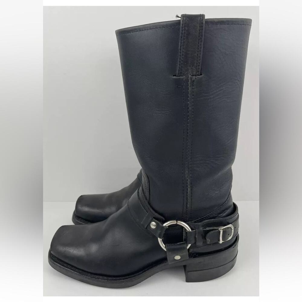 FRYE Black Leather Belted Harness 12R Tall Square Toe Biker moto boots 7.5 👢